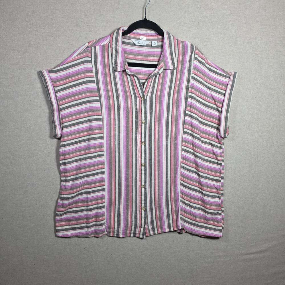 Caffé Marrakesh Womens XL pink stripe Button Up collared Shirt Short Sleeve